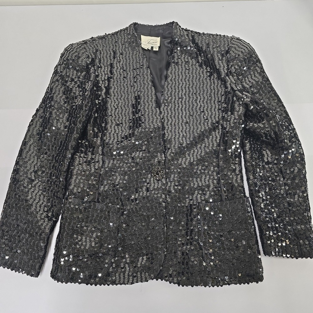 Vintage Farinae Collections Black Sequin Blazer Jacket Size‎ 12 Made in USA Glam